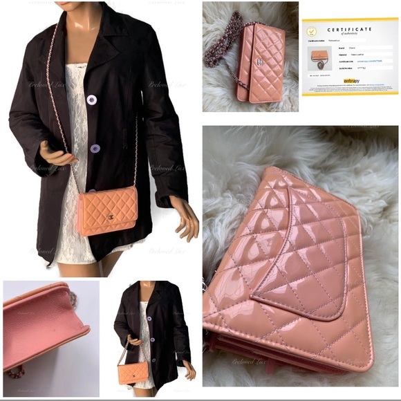 Authentic CHANEL Patent Leather Wallet-on-the-chain WOC Flap Bag Peach / pink - Picture 12 of 12